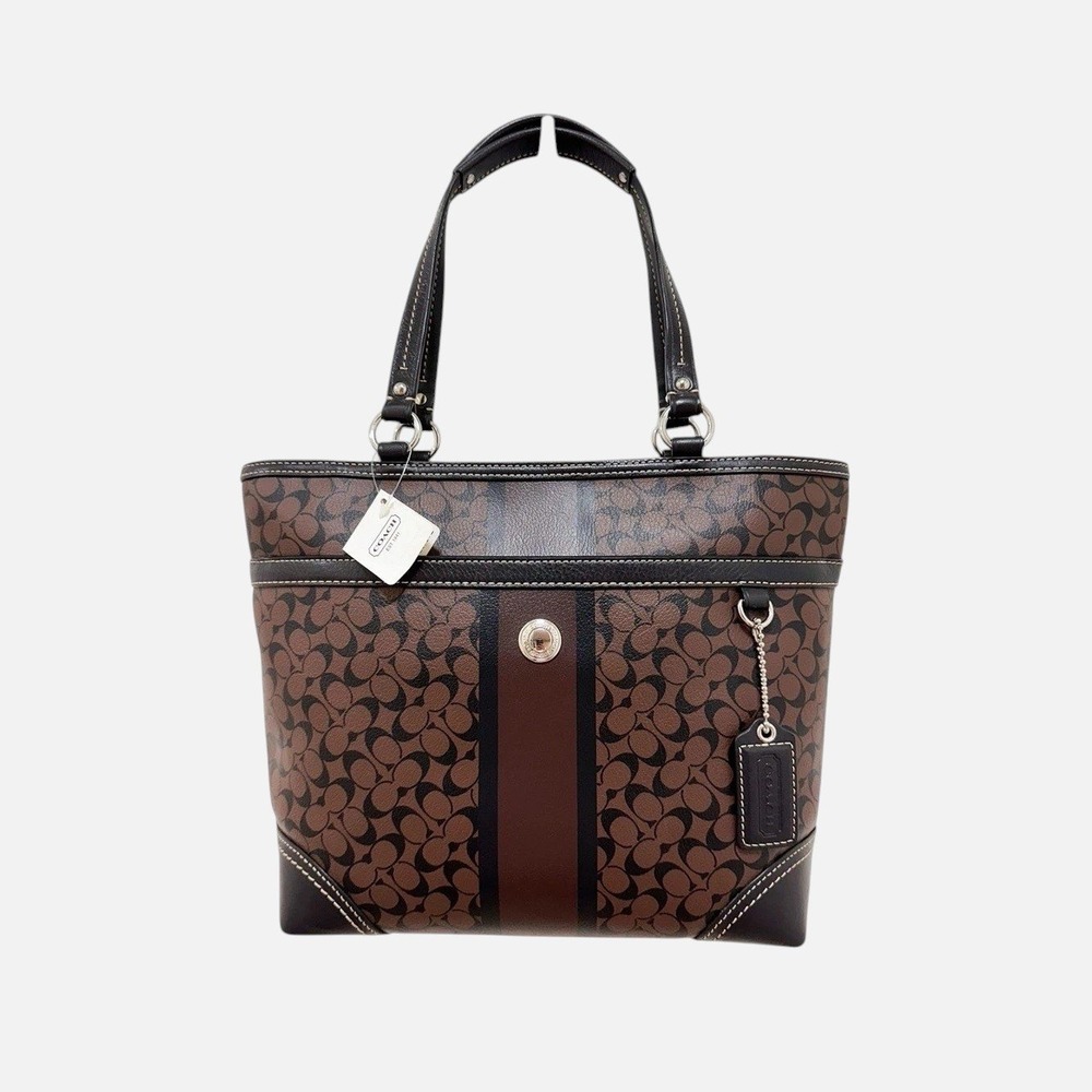 Coach Heritage Stripe Chelsea Tote Coated Canvas Brown Leather F15137